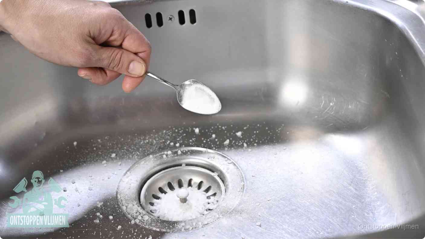 Een hand strooit met een lepel soda in een afvoerputje, de soda en azijn huismiddel-methode om de wc te ontstoppen in Vlijmen